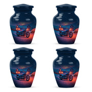Slate Blue Bike Cremation Urn side profile showing urn shape - timeless bike motif etched into premium metal - 10 inch aluminum urn for cremated remains