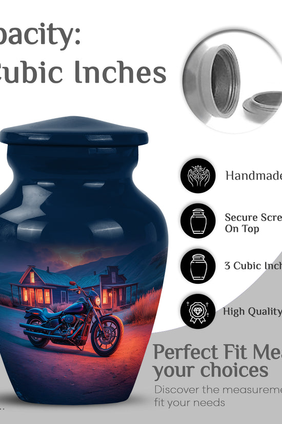 Pastel Blue Bike Cremation Urn close-up of engraving and surface detail - classic sculpted bike pattern on smooth aluminum - mini keepsake memorial for portion of cremation ashes