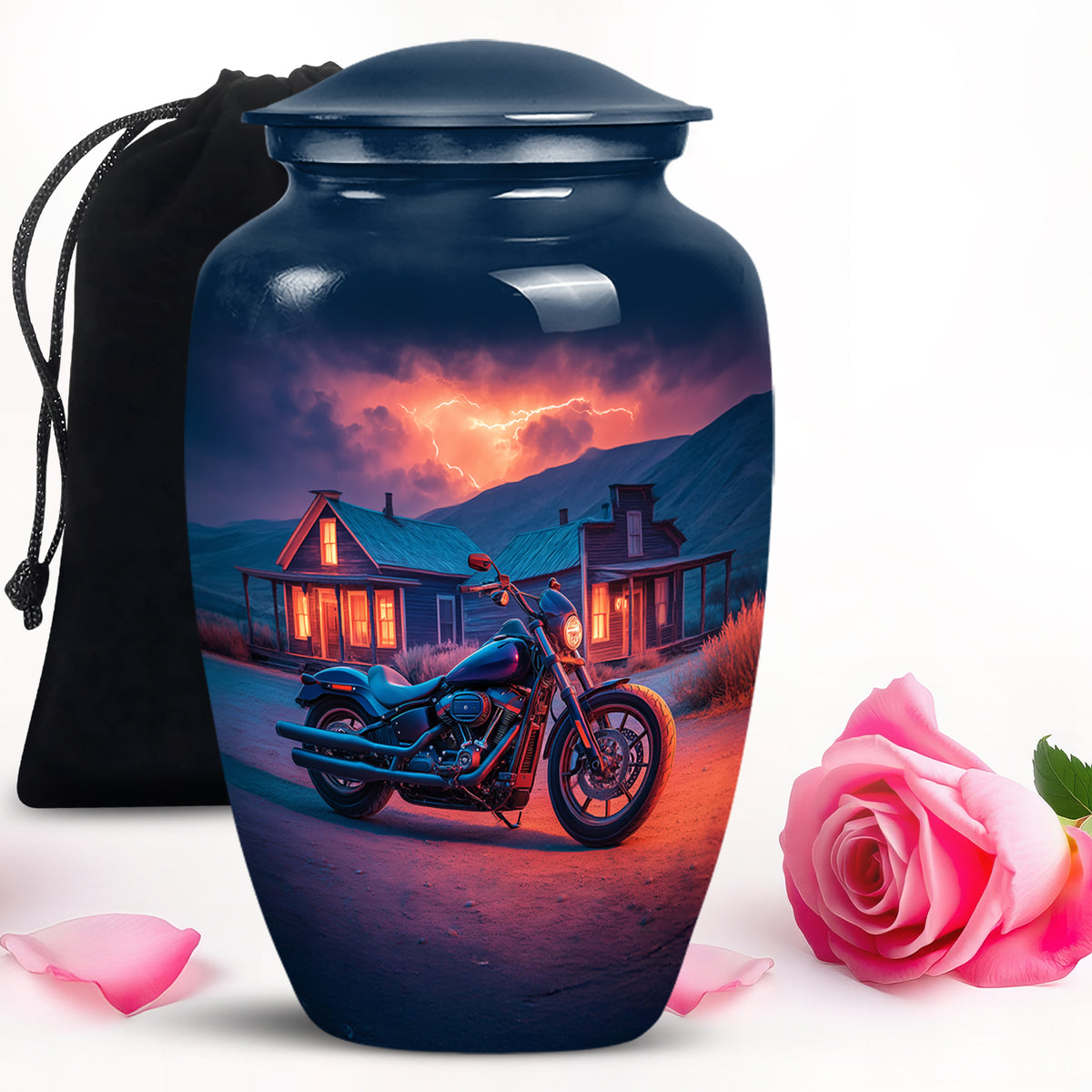 Serene Blue Bike Cremation Urn angled view of lid and engraved motif - traditional bike engraving with hand-polished finish - full-size 10 inch 200 cubic inch adult cremation urn