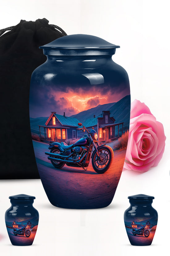 Celestial Blue Bike Cremation Urn top-down view of secure threaded lid - timeless bike motif etched into premium metal - memorial set with one large and four small urns