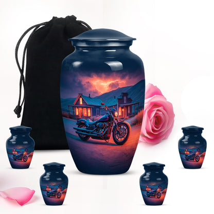 Celestial Blue Bike Cremation Urn top-down view of secure threaded lid - timeless bike motif etched into premium metal - memorial set with one large and four small urns