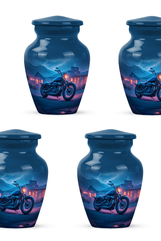 Bright Blue Bike Cremation Urn side profile showing urn shape - elegant classic bike relief with fine detailing - 10 inch aluminum urn for cremated remains
