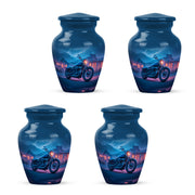 Bright Blue Bike Cremation Urn side profile showing urn shape - elegant classic bike relief with fine detailing - 10 inch aluminum urn for cremated remains