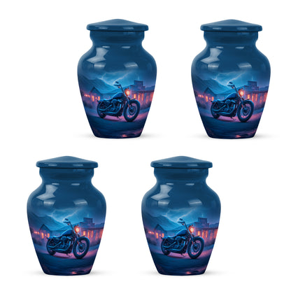 Bright Blue Bike Cremation Urn side profile showing urn shape - elegant classic bike relief with fine detailing - 10 inch aluminum urn for cremated remains