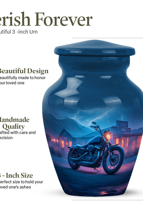 Royal Blue Bike Cremation Urn close-up of engraving and surface detail - traditional bike engraving with hand-polished finish - mini keepsake memorial for portion of cremation ashes