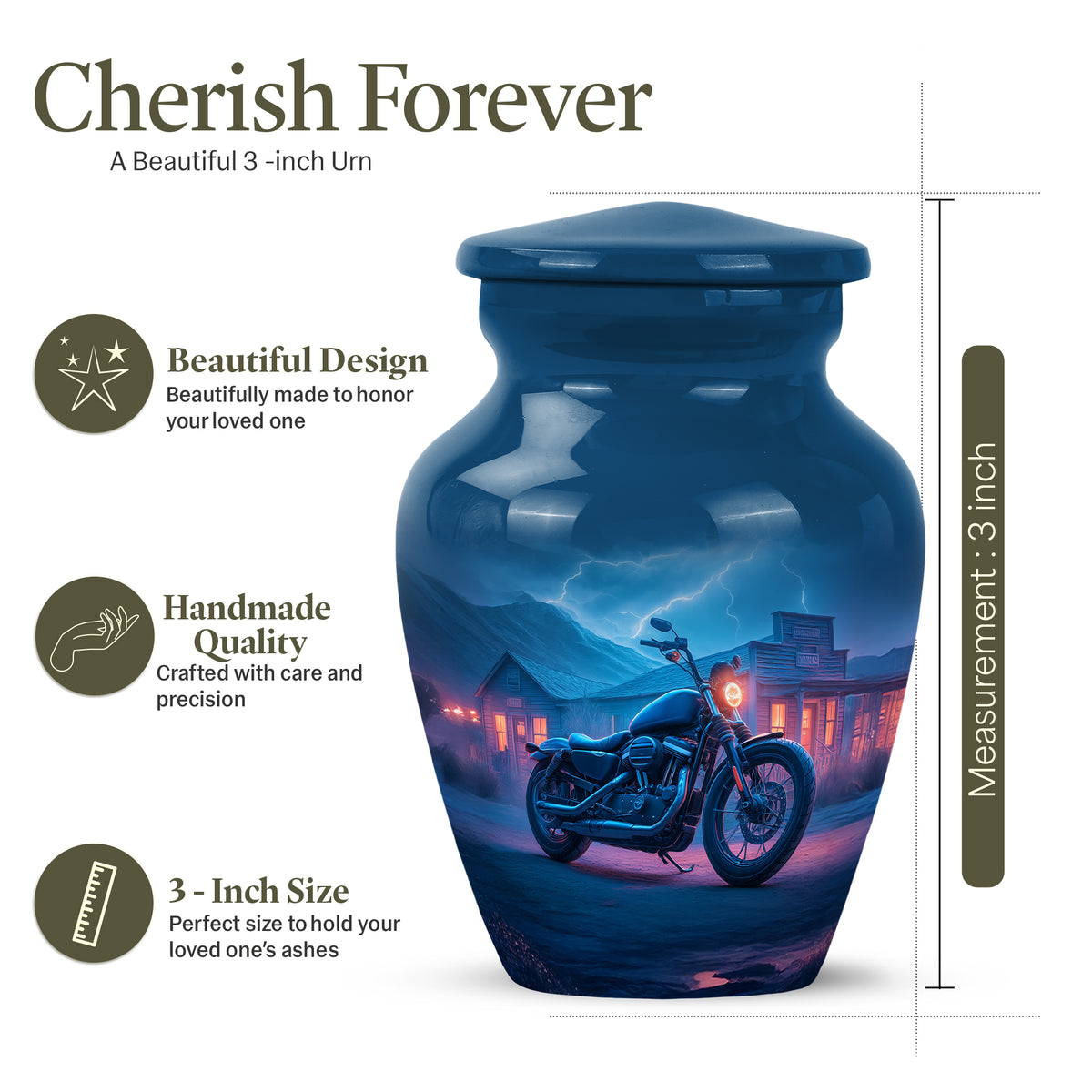 Royal Blue Bike Cremation Urn close-up of engraving and surface detail - traditional bike engraving with hand-polished finish - mini keepsake memorial for portion of cremation ashes