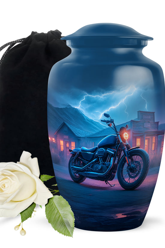 Cobalt Blue Bike Cremation Urn angled view of lid and engraved motif - traditional bike engraving with hand-polished finish - full-size 10 inch 200 cubic inch adult cremation urn