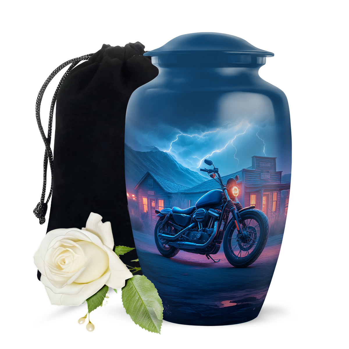 Cobalt Blue Bike Cremation Urn angled view of lid and engraved motif - traditional bike engraving with hand-polished finish - full-size 10 inch 200 cubic inch adult cremation urn