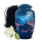 Cobalt Blue Bike Cremation Urn angled view of lid and engraved motif - traditional bike engraving with hand-polished finish - full-size 10 inch 200 cubic inch adult cremation urn