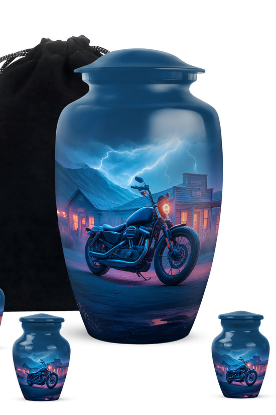Cornflower Blue Bike Cremation Urn top-down view of secure threaded lid - traditional bike engraving with hand-polished finish - memorial set with one large and four small urns