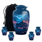 Cornflower Blue Bike Cremation Urn top-down view of secure threaded lid - traditional bike engraving with hand-polished finish - memorial set with one large and four small urns