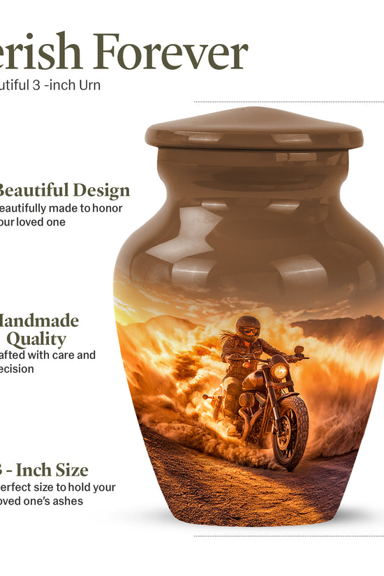 Warm Gold Bike Cremation Urn close-up of engraving and surface detail - traditional bike engraving with hand-polished finish - mini keepsake memorial for portion of cremation ashes