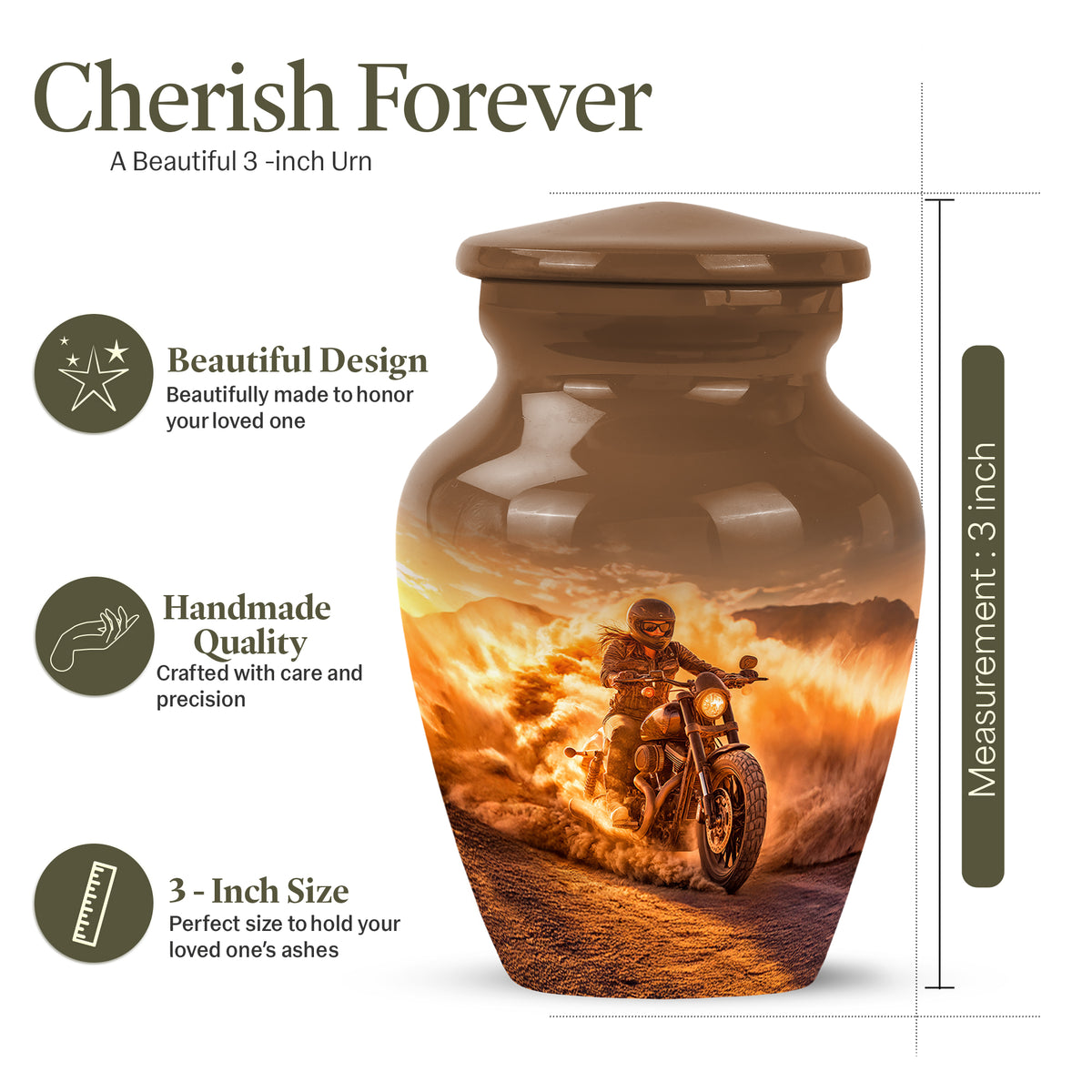 Warm Gold Bike Cremation Urn close-up of engraving and surface detail - traditional bike engraving with hand-polished finish - mini keepsake memorial for portion of cremation ashes