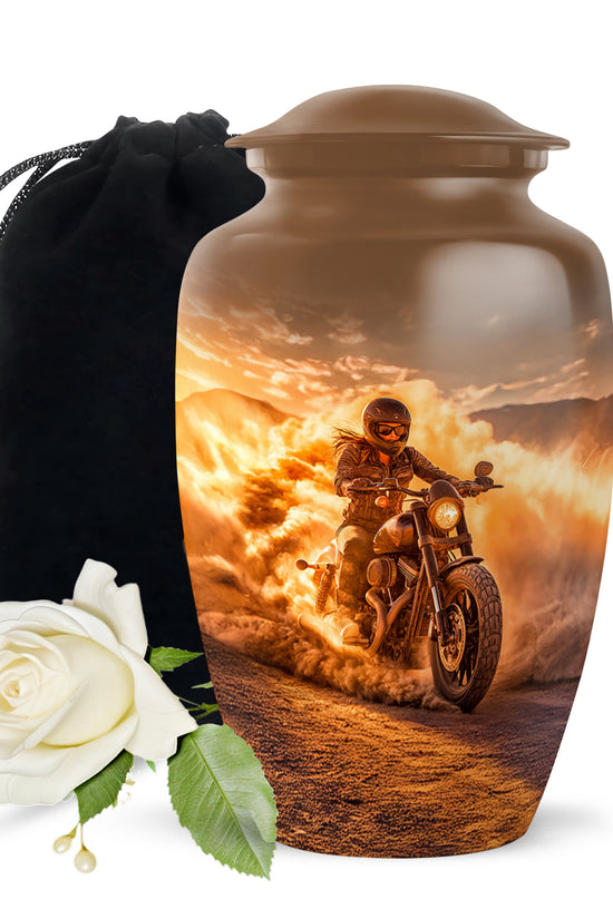 Royal Gold Bike Cremation Urn angled view of lid and engraved motif - traditional bike engraving with hand-polished finish - full-size 10 inch 200 cubic inch adult cremation urn