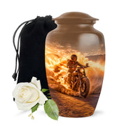 Royal Gold Bike Cremation Urn angled view of lid and engraved motif - traditional bike engraving with hand-polished finish - full-size 10 inch 200 cubic inch adult cremation urn