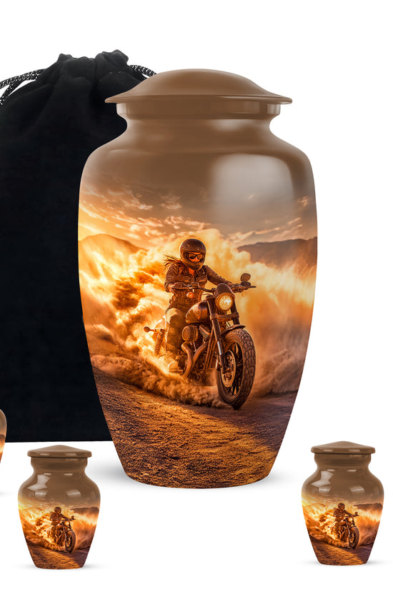Champagne Gold Bike Cremation Urn top-down view of secure threaded lid - classic sculpted bike pattern on smooth aluminum - memorial set with one large and four small urns