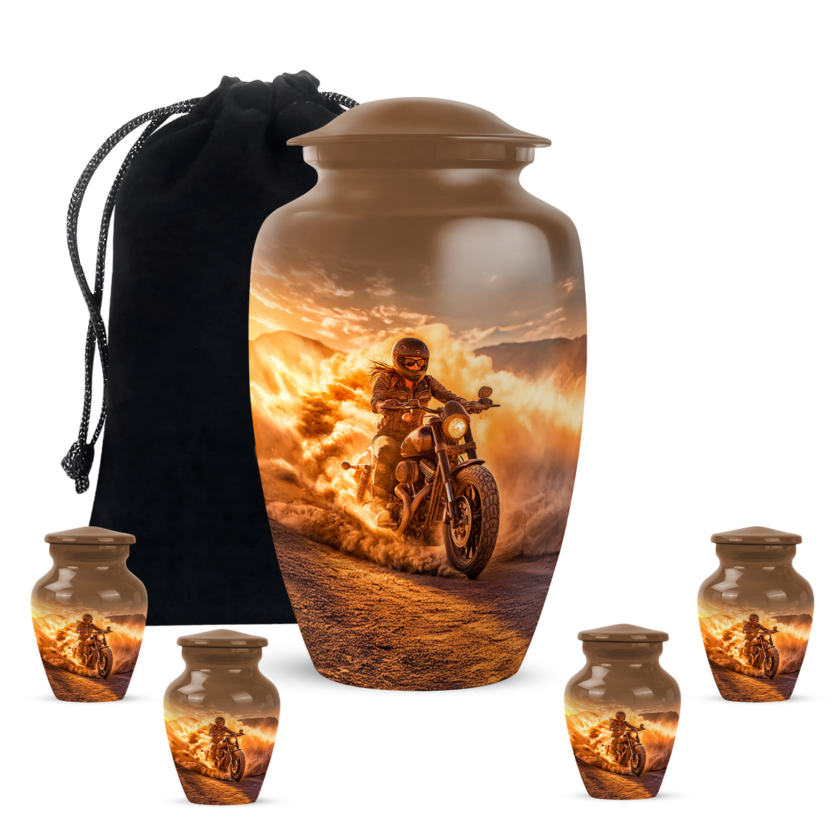 Champagne Gold Bike Cremation Urn top-down view of secure threaded lid - classic sculpted bike pattern on smooth aluminum - memorial set with one large and four small urns