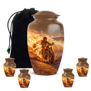 Champagne Gold Bike Cremation Urn top-down view of secure threaded lid - classic sculpted bike pattern on smooth aluminum - memorial set with one large and four small urns