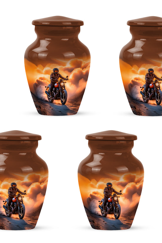 Antique Gold Bike Cremation Urn side profile showing urn shape - classic sculpted bike pattern on smooth aluminum - 10 inch aluminum urn for cremated remains