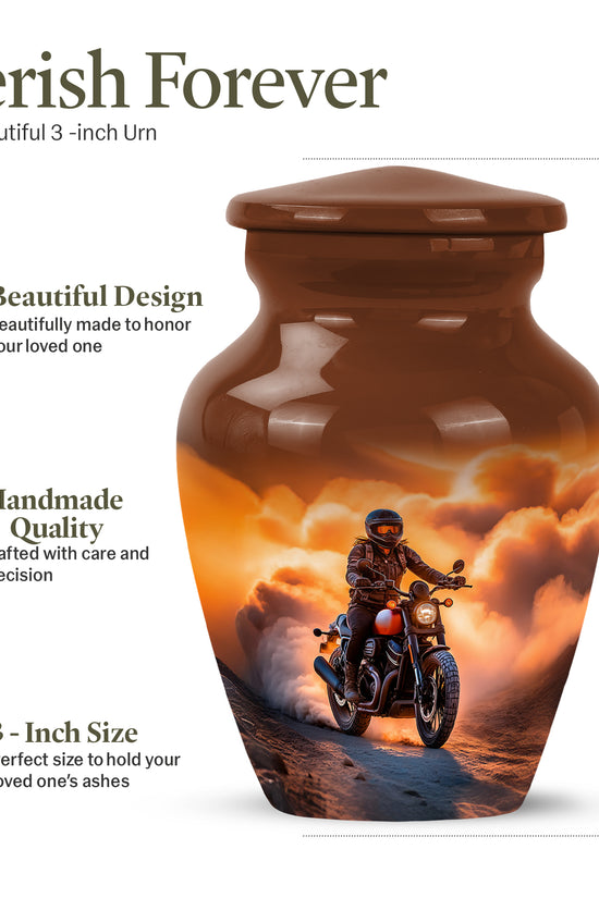 Royal Gold Bike Cremation Urn close-up of engraving and surface detail - elegant classic bike relief with fine detailing - mini keepsake memorial for portion of cremation ashes