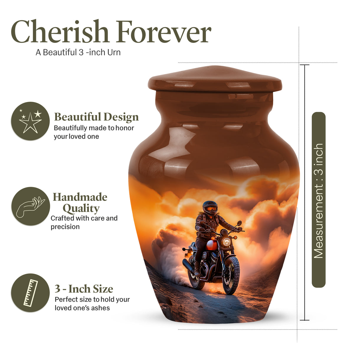Royal Gold Bike Cremation Urn close-up of engraving and surface detail - elegant classic bike relief with fine detailing - mini keepsake memorial for portion of cremation ashes