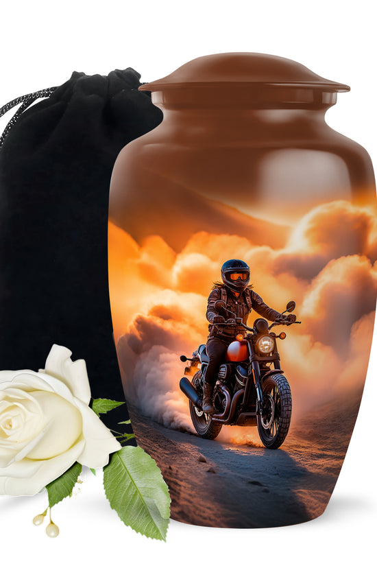 Royal Gold Bike Cremation Urn angled view of lid and engraved motif - elegant classic bike relief with fine detailing - full-size 10 inch 200 cubic inch adult cremation urn