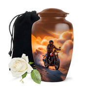 Royal Gold Bike Cremation Urn angled view of lid and engraved motif - elegant classic bike relief with fine detailing - full-size 10 inch 200 cubic inch adult cremation urn