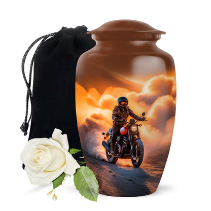 Royal Gold Bike Cremation Urn angled view of lid and engraved motif - elegant classic bike relief with fine detailing - full-size 10 inch 200 cubic inch adult cremation urn