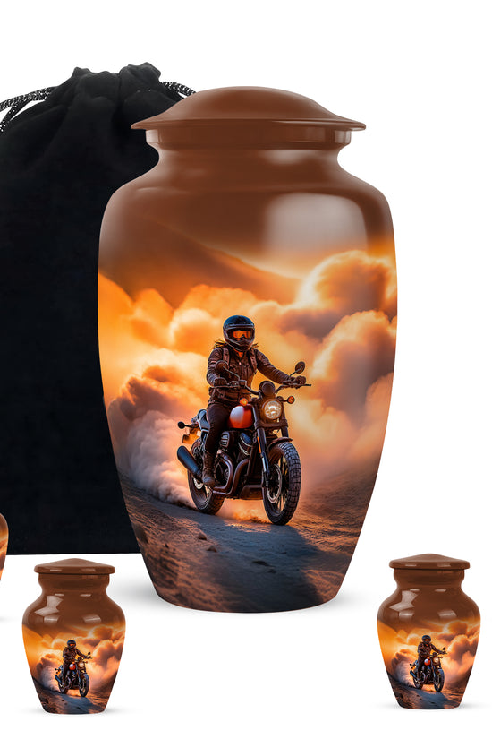 Champagne Gold Bike Cremation Urn top-down view of secure threaded lid - timeless bike motif etched into premium metal - memorial set with one large and four small urns