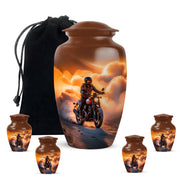 Champagne Gold Bike Cremation Urn top-down view of secure threaded lid - timeless bike motif etched into premium metal - memorial set with one large and four small urns