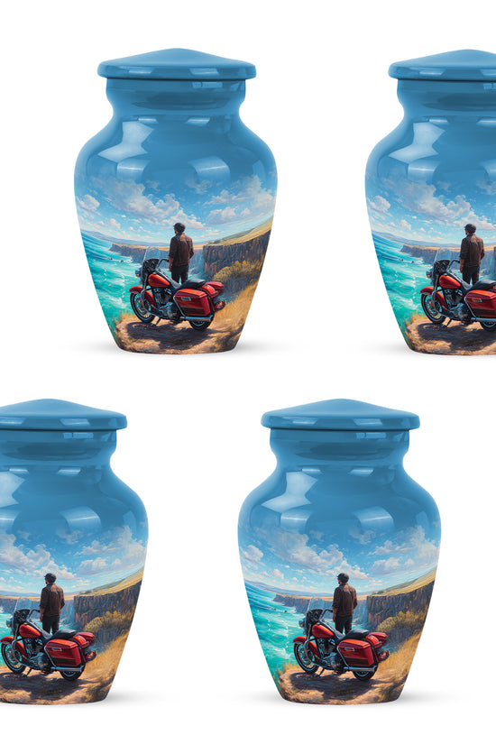 Indigo Bike Cremation Urn side profile showing urn shape - timeless bike motif etched into premium metal - 10 inch aluminum urn for cremated remains