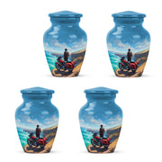 Indigo Bike Cremation Urn side profile showing urn shape - timeless bike motif etched into premium metal - 10 inch aluminum urn for cremated remains