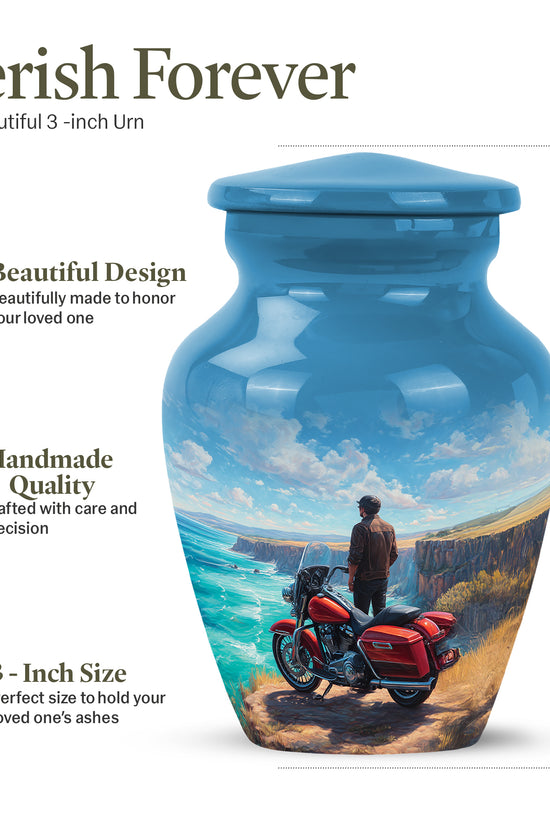 Serene Blue Bike Cremation Urn close-up of engraving and surface detail - elegant classic bike relief with fine detailing - mini keepsake memorial for portion of cremation ashes