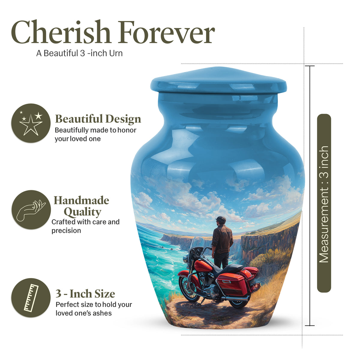 Serene Blue Bike Cremation Urn close-up of engraving and surface detail - elegant classic bike relief with fine detailing - mini keepsake memorial for portion of cremation ashes