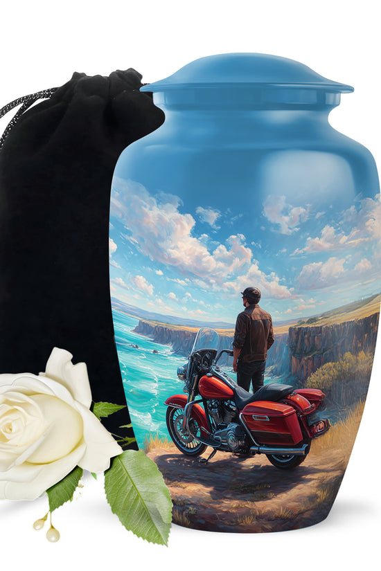 Pastel Blue Bike Cremation Urn angled view of lid and engraved motif - timeless bike motif etched into premium metal - full-size 10 inch 200 cubic inch adult cremation urn