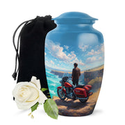 Pastel Blue Bike Cremation Urn angled view of lid and engraved motif - timeless bike motif etched into premium metal - full-size 10 inch 200 cubic inch adult cremation urn
