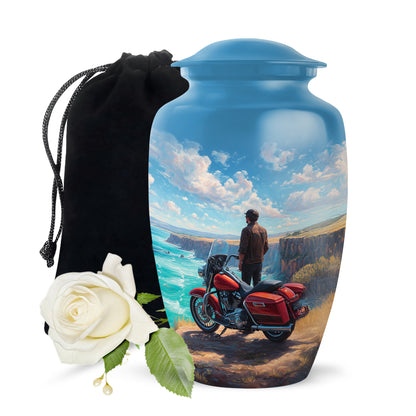 Pastel Blue Bike Cremation Urn angled view of lid and engraved motif - timeless bike motif etched into premium metal - full-size 10 inch 200 cubic inch adult cremation urn