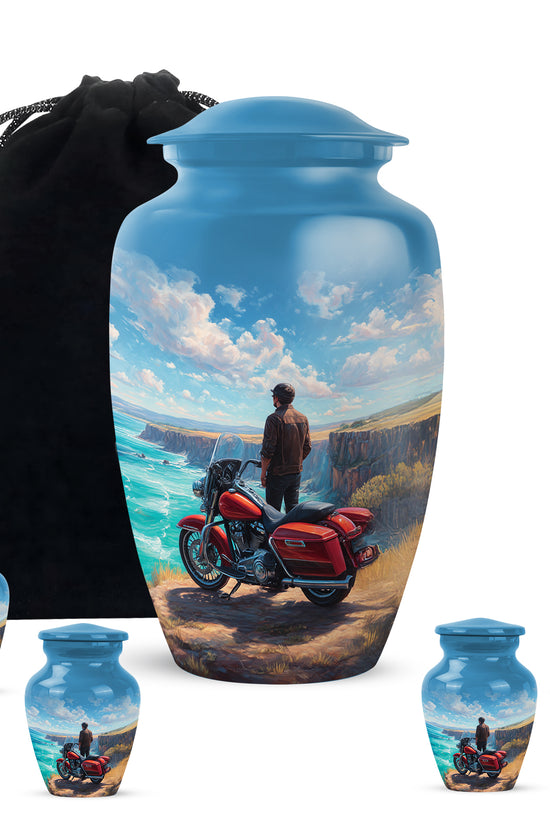 Vivid Blue Bike Cremation Urn top-down view of secure threaded lid - traditional bike engraving with hand-polished finish - memorial set with one large and four small urns