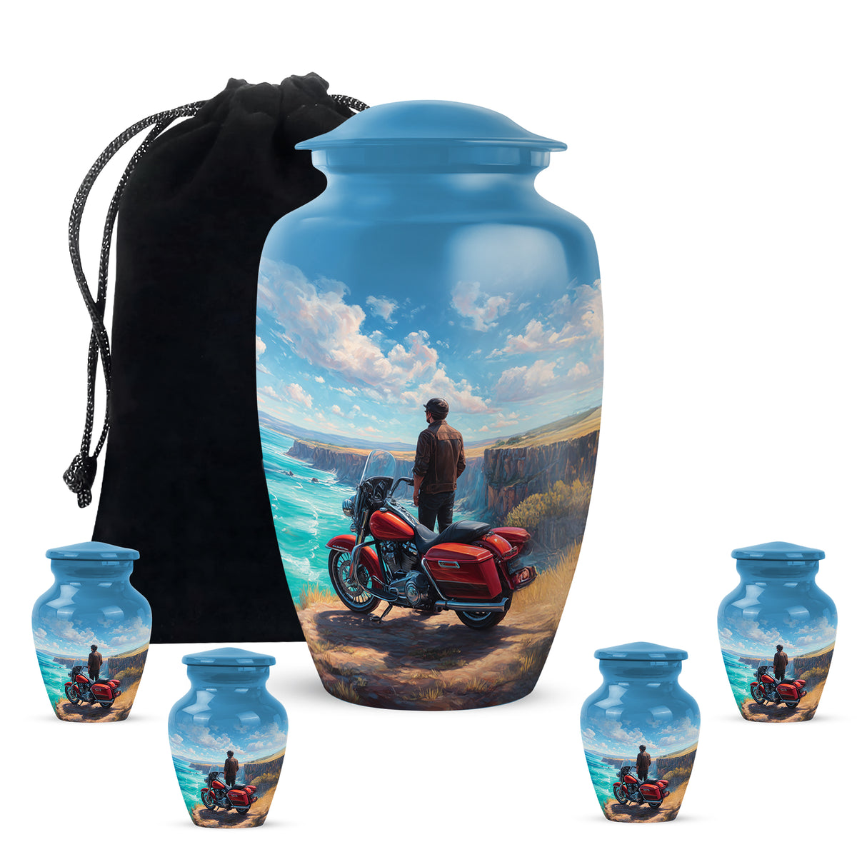 Vivid Blue Bike Cremation Urn top-down view of secure threaded lid - traditional bike engraving with hand-polished finish - memorial set with one large and four small urns