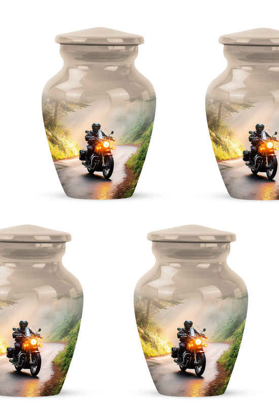 Amber Gold Bike Cremation Urn side profile showing urn shape - classic sculpted bike pattern on smooth aluminum - 10 inch aluminum urn for cremated remains