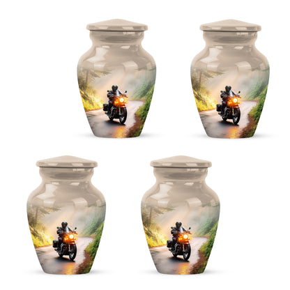 Amber Gold Bike Cremation Urn side profile showing urn shape - classic sculpted bike pattern on smooth aluminum - 10 inch aluminum urn for cremated remains