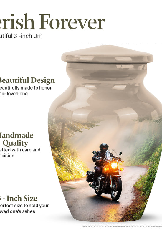 Champagne Gold Bike Cremation Urn close-up of engraving and surface detail - timeless bike motif etched into premium metal - mini keepsake memorial for portion of cremation ashes