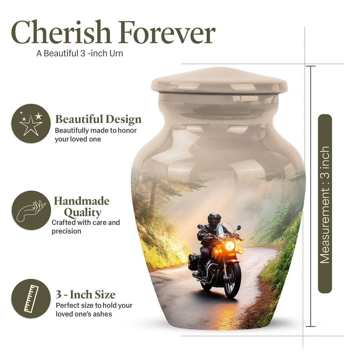 Champagne Gold Bike Cremation Urn close-up of engraving and surface detail - timeless bike motif etched into premium metal - mini keepsake memorial for portion of cremation ashes