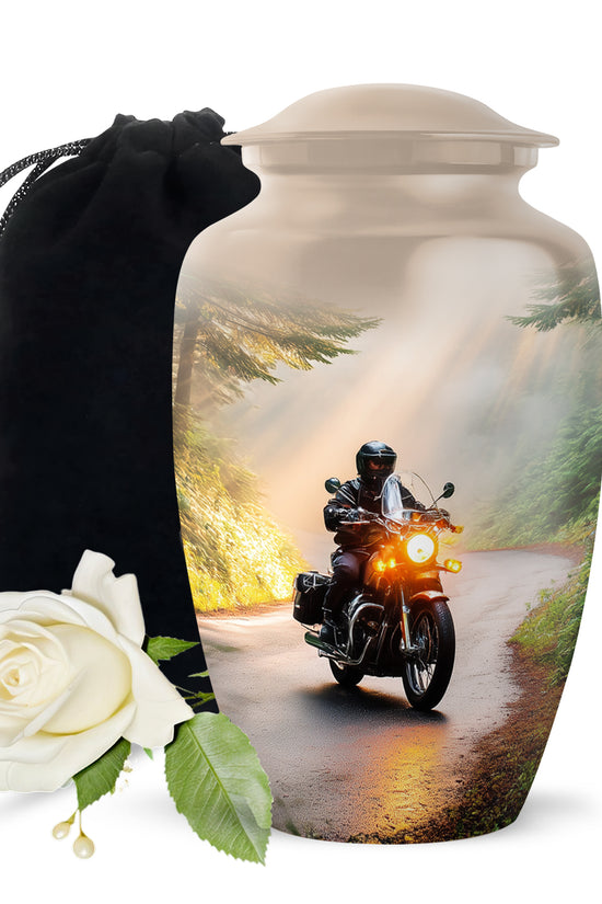 Royal Gold Bike Cremation Urn angled view of lid and engraved motif - elegant classic bike relief with fine detailing - full-size 10 inch 200 cubic inch adult cremation urn