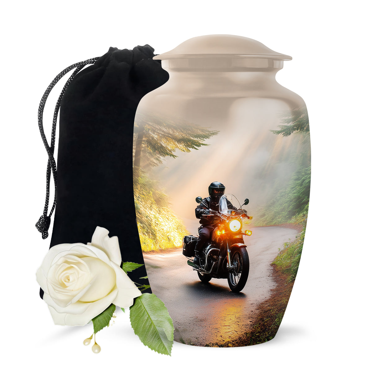 Royal Gold Bike Cremation Urn angled view of lid and engraved motif - elegant classic bike relief with fine detailing - full-size 10 inch 200 cubic inch adult cremation urn