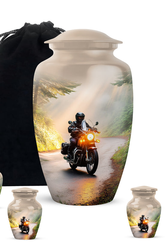 Warm Gold Bike Cremation Urn top-down view of secure threaded lid - traditional bike engraving with hand-polished finish - memorial set with one large and four small urns