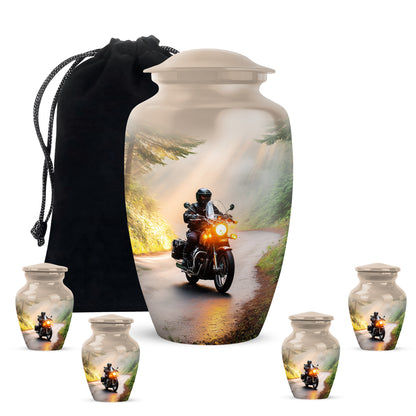 Warm Gold Bike Cremation Urn top-down view of secure threaded lid - traditional bike engraving with hand-polished finish - memorial set with one large and four small urns