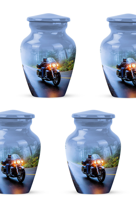 Powder Blue Bike Cremation Urn side profile showing urn shape - classic sculpted bike pattern on smooth aluminum - 10 inch aluminum urn for cremated remains