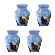 Powder Blue Bike Cremation Urn side profile showing urn shape - classic sculpted bike pattern on smooth aluminum - 10 inch aluminum urn for cremated remains