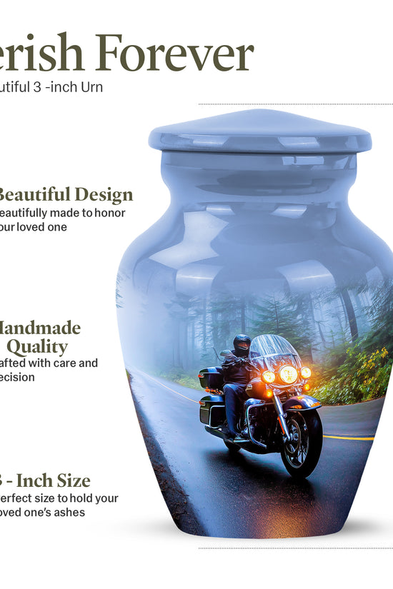 Vivid Blue Bike Cremation Urn close-up of engraving and surface detail - elegant classic bike relief with fine detailing - mini keepsake memorial for portion of cremation ashes